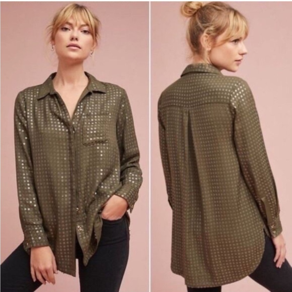 Anthropologie MAEVE Arwa Olive Sequin Blouse Top Rayon